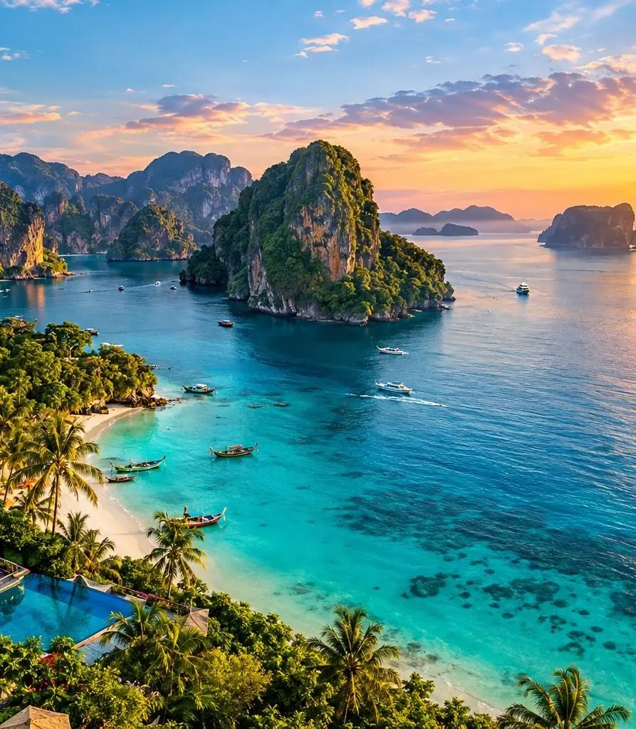 Turquoise bay and limestone islands in southern Thailand